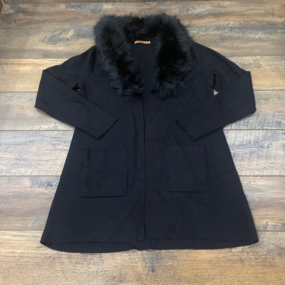 Belldini Black Faux Fur Collar Open Front Cardigan Sweater Pockets Size M Luxury